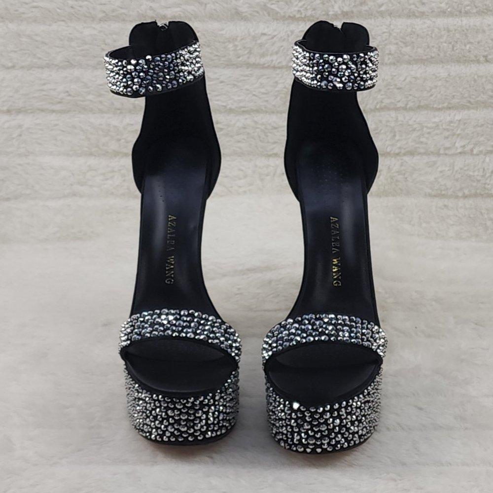 Black Satin & Silver Rhinestone Platform cylinder Heels YAR - Picture 4 of 9